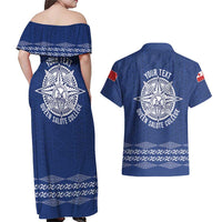 Queen Salote College 100 Years Anniversary Personalized Couples Matching Off Shoulder Maxi Dress and Hawaiian Shirt Tonga QSC Royal Blue LT7 - Polynesian Pride