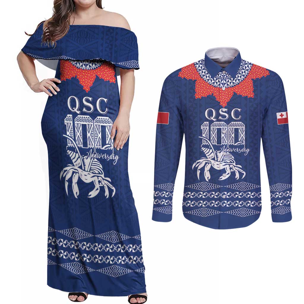 Queen Salote College 100 Years Anniversary Personalized Couples Matching Off Shoulder Maxi Dress and Long Sleeve Button Shirt Tonga QSC Royal Blue LT7 Royal Blue - Polynesian Pride