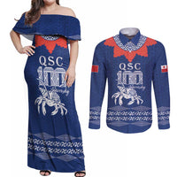 Queen Salote College 100 Years Anniversary Personalized Couples Matching Off Shoulder Maxi Dress and Long Sleeve Button Shirt Tonga QSC Royal Blue LT7 Royal Blue - Polynesian Pride
