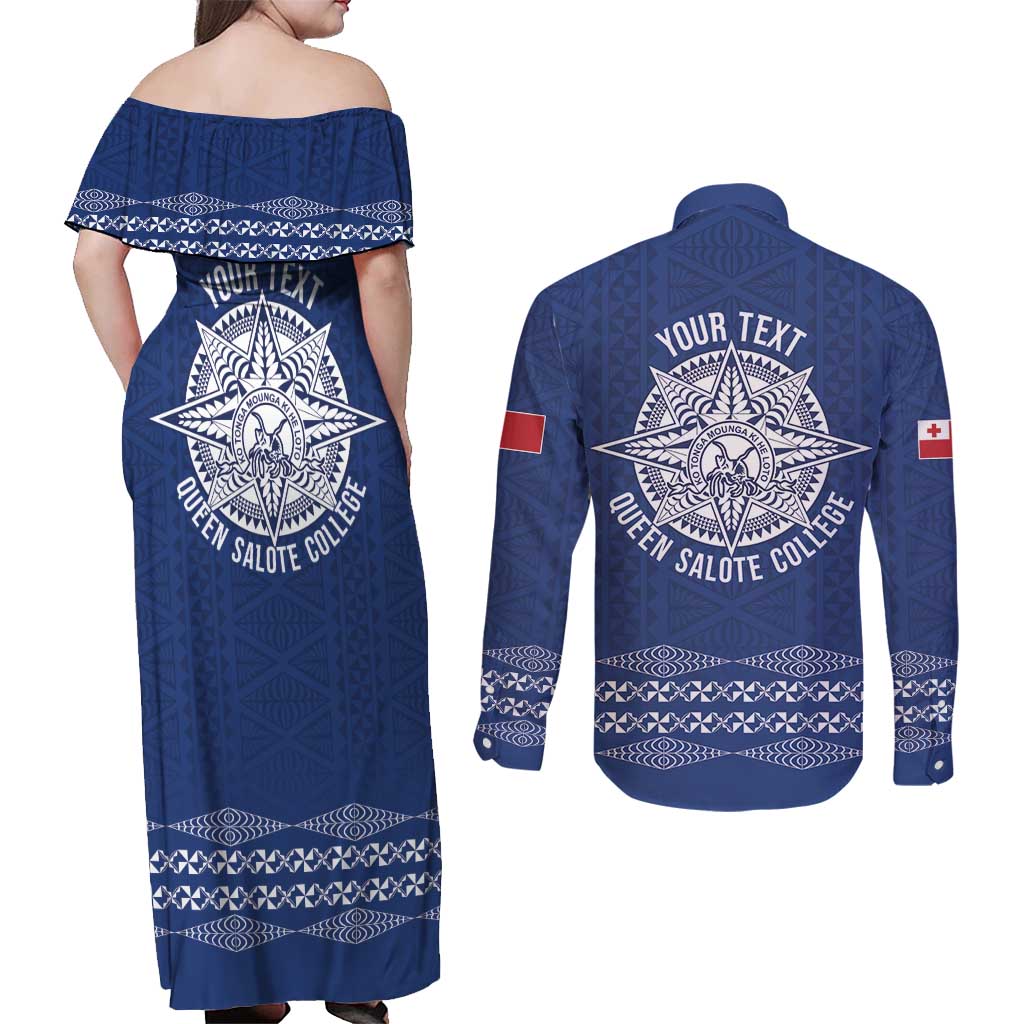 Queen Salote College 100 Years Anniversary Personalized Couples Matching Off Shoulder Maxi Dress and Long Sleeve Button Shirt Tonga QSC Royal Blue LT7 - Polynesian Pride