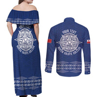 Queen Salote College 100 Years Anniversary Personalized Couples Matching Off Shoulder Maxi Dress and Long Sleeve Button Shirt Tonga QSC Royal Blue LT7 - Polynesian Pride