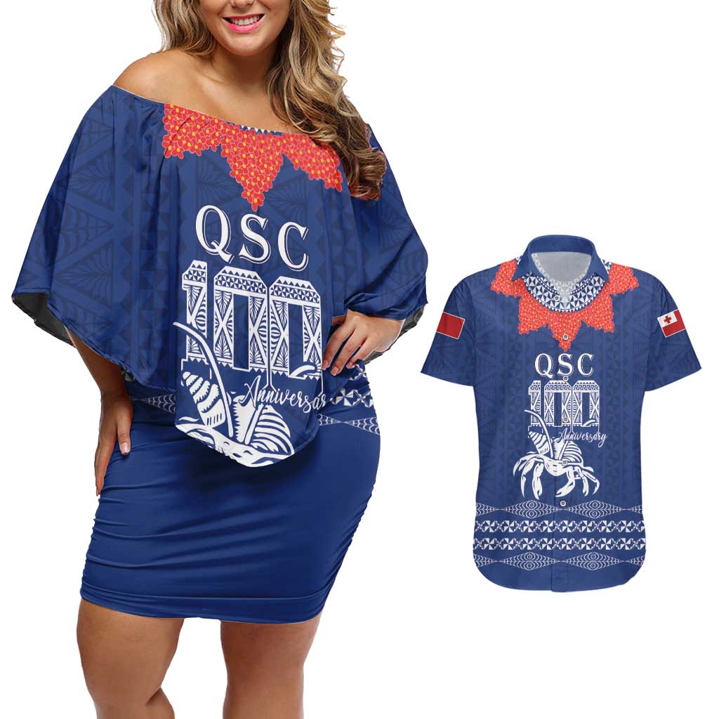 Queen Salote College 100 Years Anniversary Personalized Couples Matching Off Shoulder Short Dress and Hawaiian Shirt Tonga QSC Royal Blue LT7 Royal Blue - Polynesian Pride