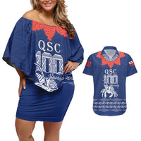 Queen Salote College 100 Years Anniversary Personalized Couples Matching Off Shoulder Short Dress and Hawaiian Shirt Tonga QSC Royal Blue LT7 Royal Blue - Polynesian Pride