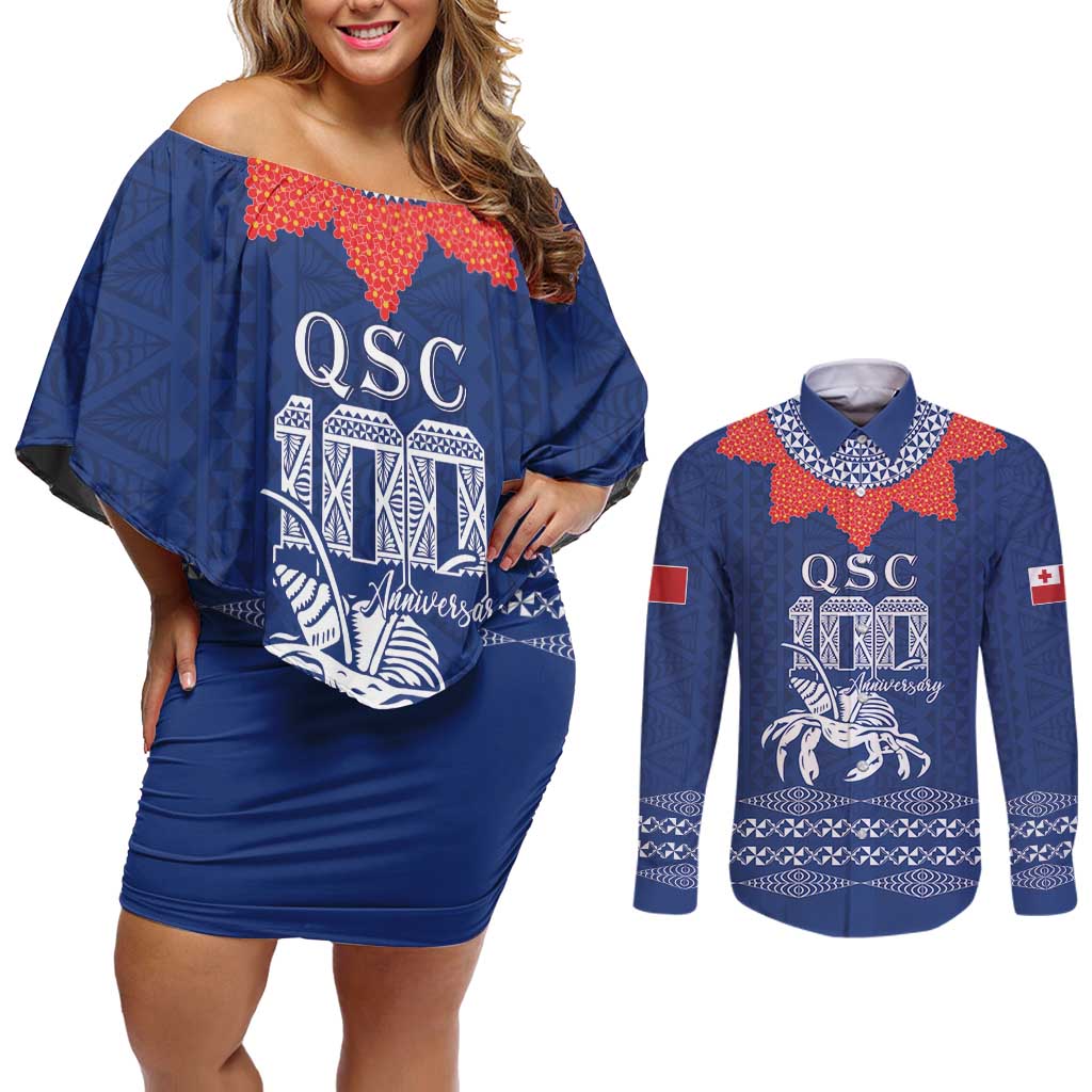 Queen Salote College 100 Years Anniversary Personalized Couples Matching Off Shoulder Short Dress and Long Sleeve Button Shirt Tonga QSC Royal Blue LT7 Royal Blue - Polynesian Pride