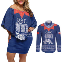 Queen Salote College 100 Years Anniversary Personalized Couples Matching Off Shoulder Short Dress and Long Sleeve Button Shirt Tonga QSC Royal Blue LT7 Royal Blue - Polynesian Pride