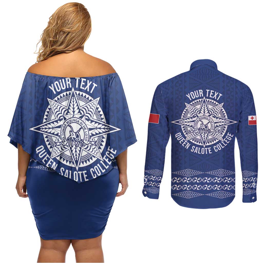 Queen Salote College 100 Years Anniversary Personalized Couples Matching Off Shoulder Short Dress and Long Sleeve Button Shirt Tonga QSC Royal Blue LT7 - Polynesian Pride