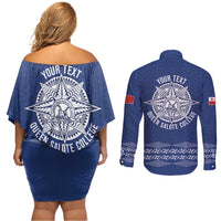 Queen Salote College 100 Years Anniversary Personalized Couples Matching Off Shoulder Short Dress and Long Sleeve Button Shirt Tonga QSC Royal Blue LT7 - Polynesian Pride