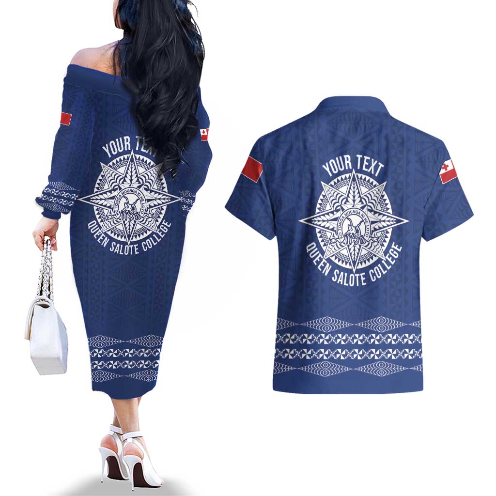 Queen Salote College 100 Years Anniversary Personalized Couples Matching Off The Shoulder Long Sleeve Dress and Hawaiian Shirt Tonga QSC Royal Blue LT7 - Polynesian Pride