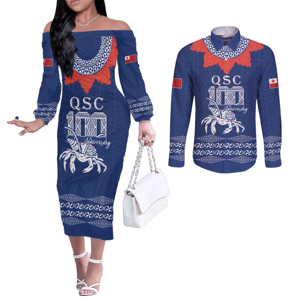 Queen Salote College 100 Years Anniversary Personalized Couples Matching Off The Shoulder Long Sleeve Dress and Long Sleeve Button Shirt Tonga QSC Royal Blue LT7 Royal Blue - Polynesian Pride
