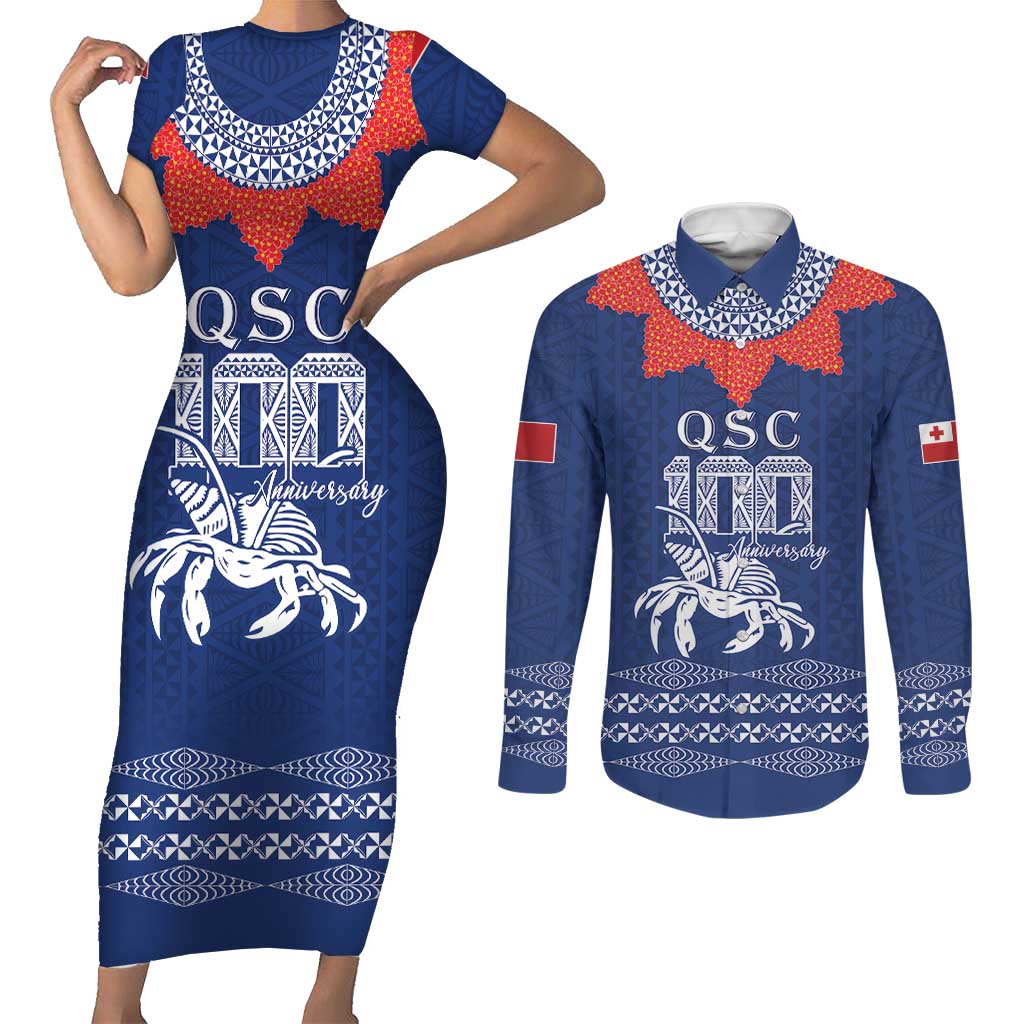 Queen Salote College 100 Years Anniversary Personalized Couples Matching Short Sleeve Bodycon Dress and Long Sleeve Button Shirt Tonga QSC Royal Blue - Polynesian Pride