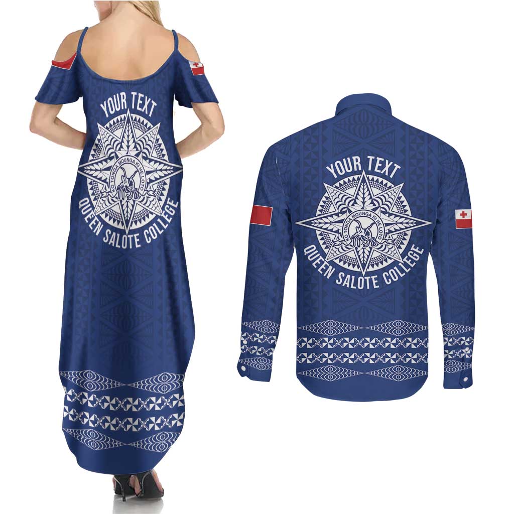 Queen Salote College 100 Years Anniversary Personalized Couples Matching Summer Maxi Dress and Long Sleeve Button Shirt Tonga QSC Royal Blue LT7 - Polynesian Pride