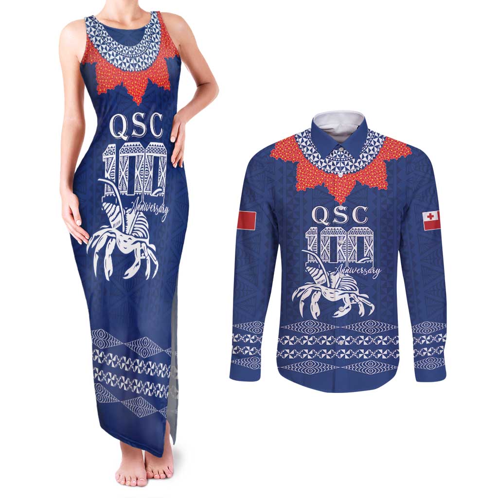 Queen Salote College 100 Years Anniversary Personalized Couples Matching Tank Maxi Dress and Long Sleeve Button Shirt Tonga QSC Royal Blue LT7 Royal Blue - Polynesian Pride