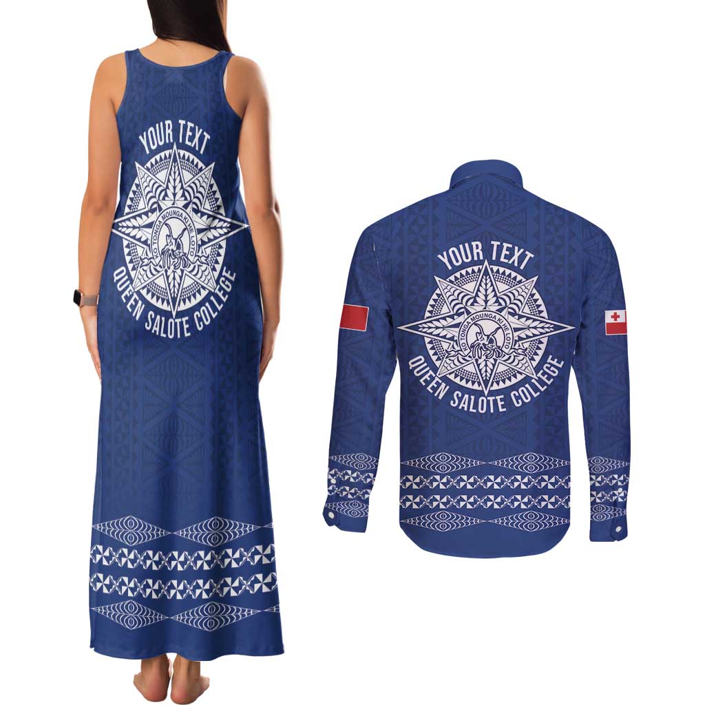 Queen Salote College 100 Years Anniversary Personalized Couples Matching Tank Maxi Dress and Long Sleeve Button Shirt Tonga QSC Royal Blue LT7 - Polynesian Pride