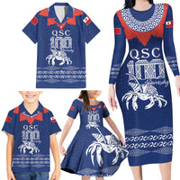 Queen Salote College 100 Years Anniversary Personalized Family Matching Long Sleeve Bodycon Dress and Hawaiian Shirt Tonga QSC Royal Blue LT7 - Polynesian Pride