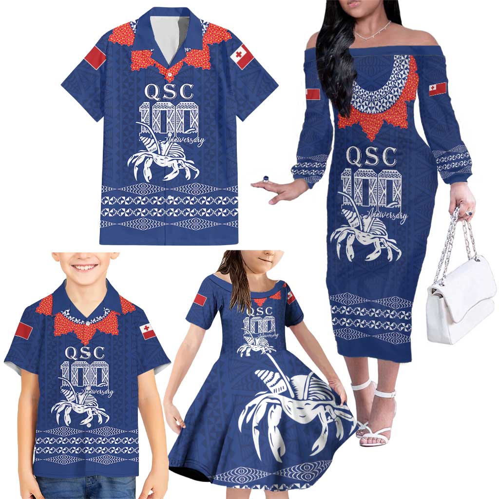 Queen Salote College 100 Years Anniversary Personalized Family Matching Off The Shoulder Long Sleeve Dress and Hawaiian Shirt Tonga QSC Royal Blue LT7 - Polynesian Pride