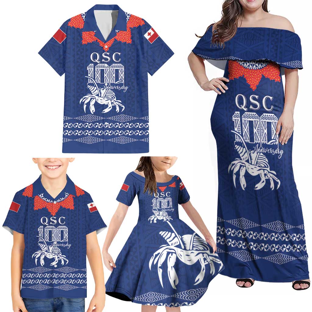 Queen Salote College 100 Years Anniversary Personalized Family Matching Off Shoulder Maxi Dress and Hawaiian Shirt Tonga QSC Royal Blue - Polynesian Pride