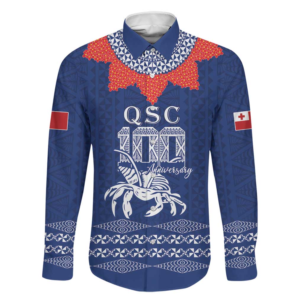 Queen Salote College 100 Years Anniversary Personalized Family Matching Off Shoulder Maxi Dress and Hawaiian Shirt Tonga QSC Royal Blue LT7 Dad's Shirt - Long Sleeve Royal Blue - Polynesian Pride