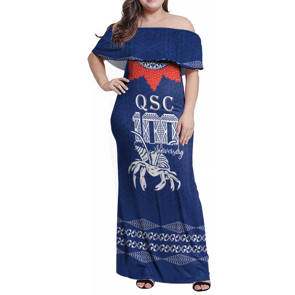 Queen Salote College 100 Years Anniversary Personalized Family Matching Off Shoulder Maxi Dress and Hawaiian Shirt Tonga QSC Royal Blue LT7 Mom's Dress Royal Blue - Polynesian Pride