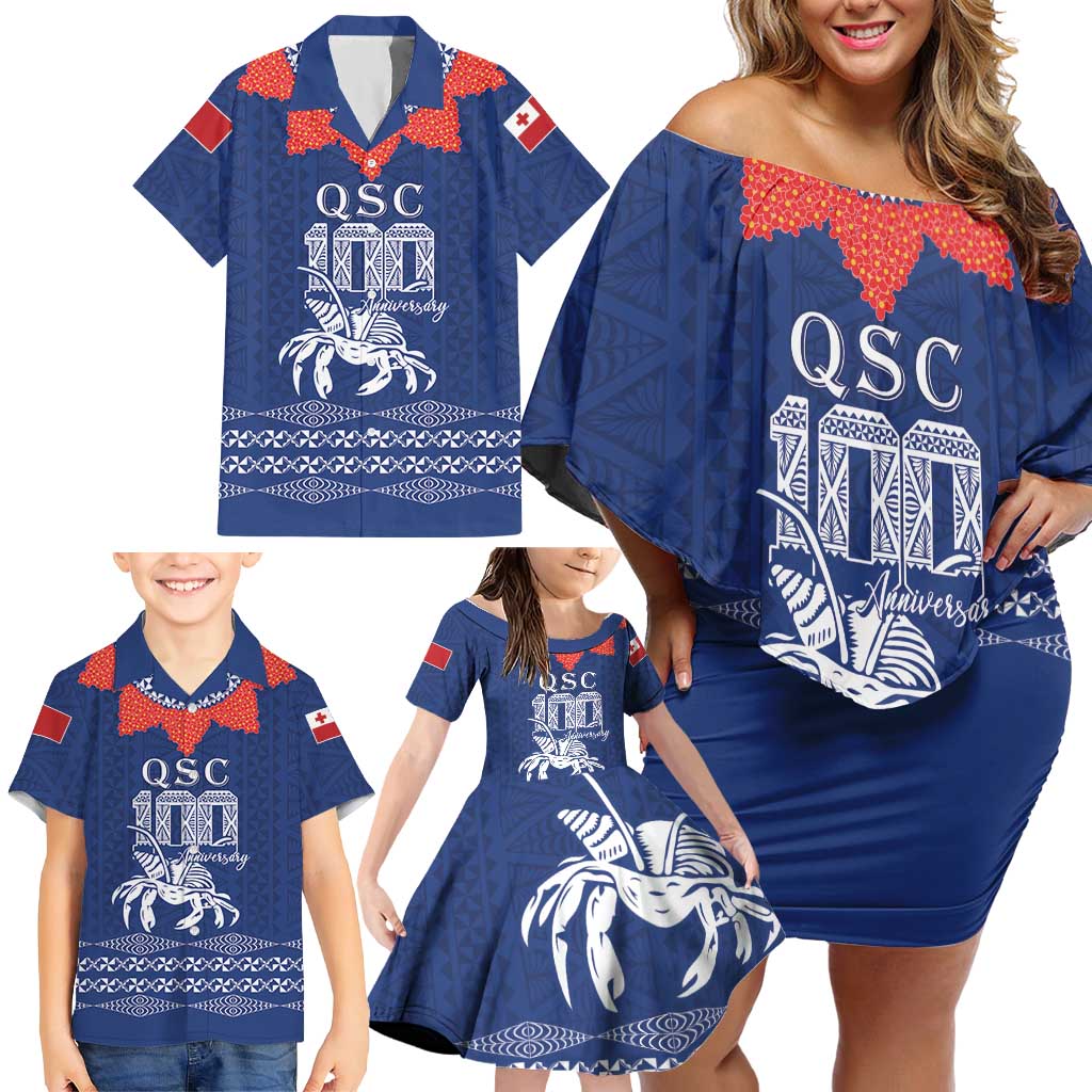 Queen Salote College 100 Years Anniversary Personalized Family Matching Off Shoulder Short Dress and Hawaiian Shirt Tonga QSC Royal Blue LT7 - Polynesian Pride