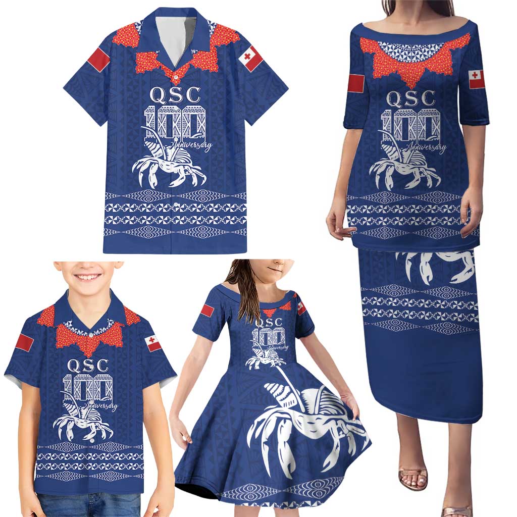 Queen Salote College 100 Years Anniversary Personalized Family Matching Puletasi and Hawaiian Shirt Tonga QSC Royal Blue LT7 - Polynesian Pride