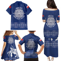 Queen Salote College 100 Years Anniversary Personalized Family Matching Puletasi and Hawaiian Shirt Tonga QSC Royal Blue LT7 - Polynesian Pride