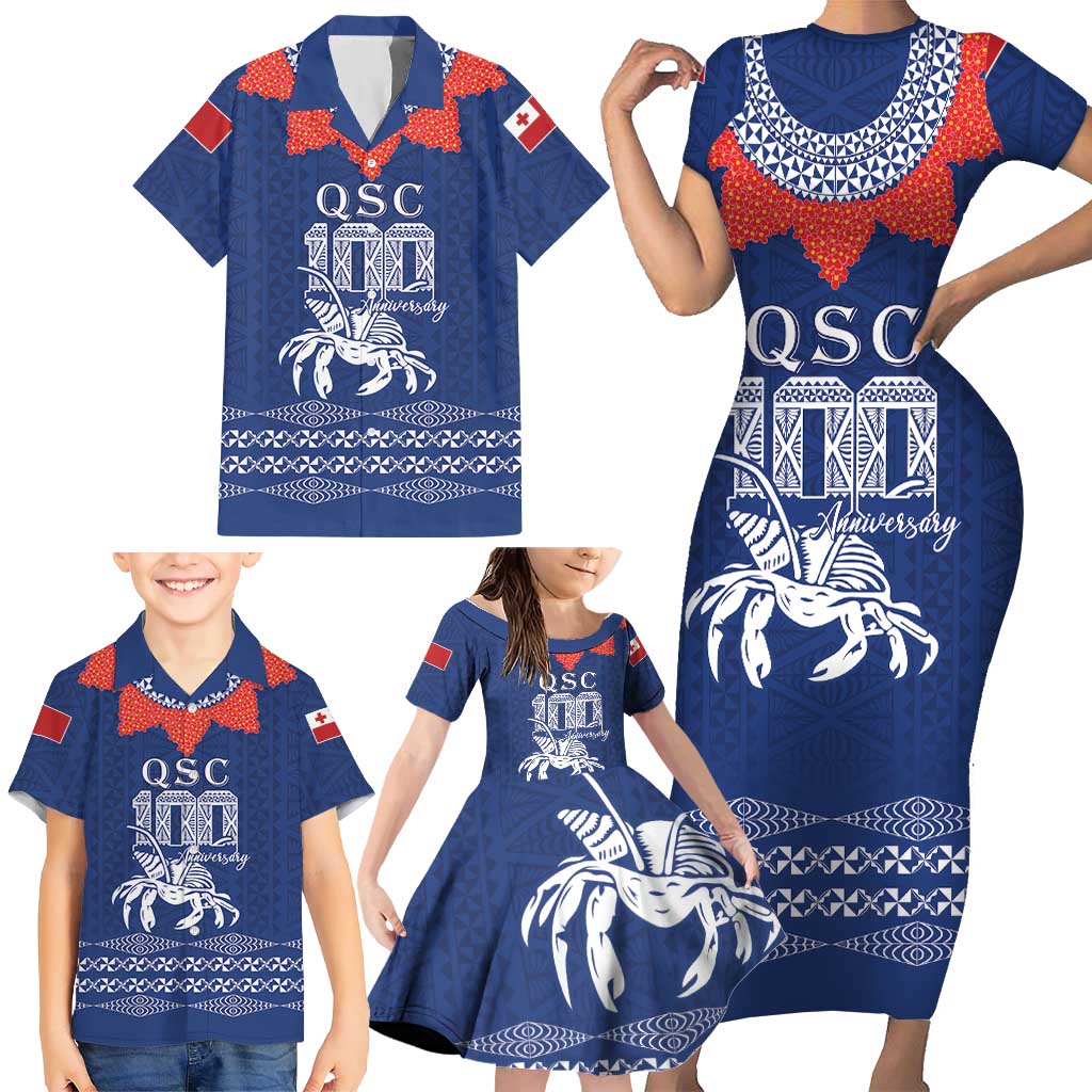 Queen Salote College 100 Years Anniversary Personalized Family Matching Short Sleeve Bodycon Dress and Hawaiian Shirt Tonga QSC Royal Blue - Polynesian Pride