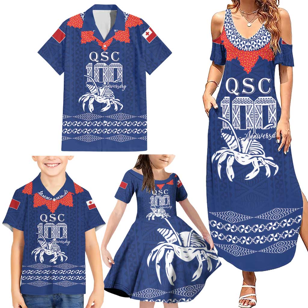 Queen Salote College 100 Years Anniversary Personalized Family Matching Summer Maxi Dress and Hawaiian Shirt Tonga QSC Royal Blue LT7 - Polynesian Pride