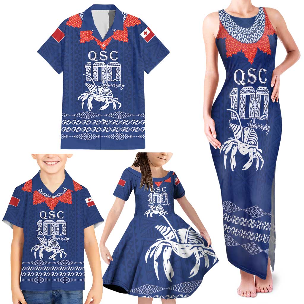 Queen Salote College 100 Years Anniversary Personalized Family Matching Tank Maxi Dress and Hawaiian Shirt Tonga QSC Royal Blue LT7 - Polynesian Pride