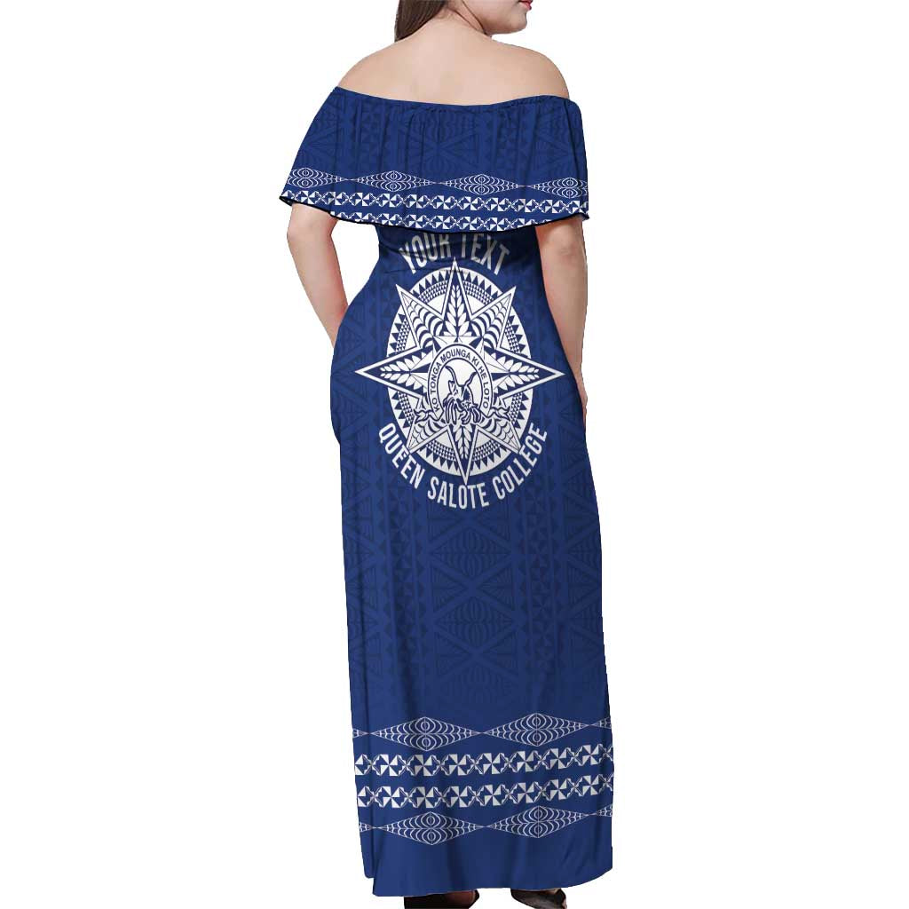 Queen Salote College 100 Years Anniversary Personalized Off Shoulder Maxi Dress Tonga QSC Royal Blue - Polynesian Pride