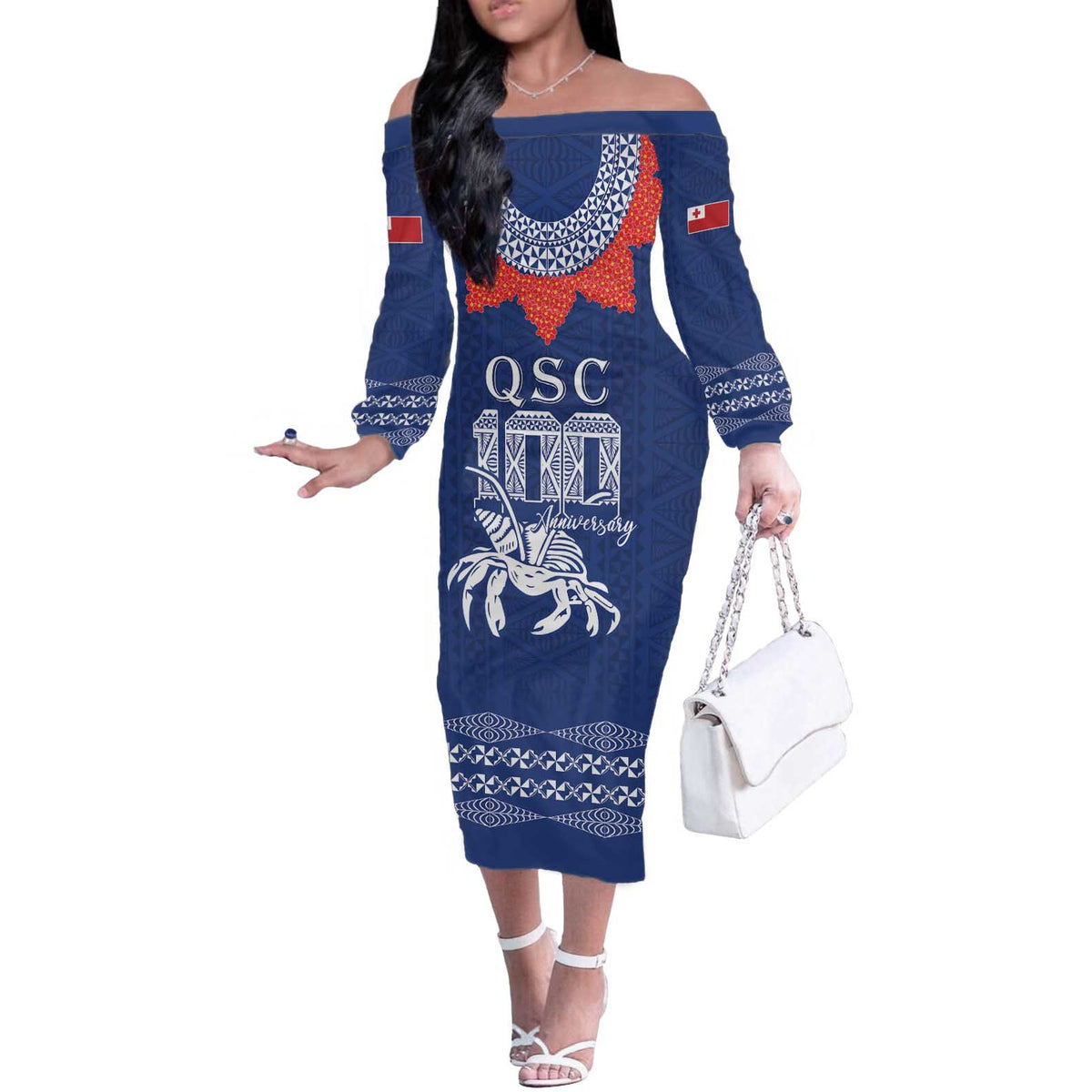 Queen Salote College 100 Years Anniversary Personalized Off The Shoulder Long Sleeve Dress Tonga QSC Royal Blue LT7 Women Royal Blue - Polynesian Pride