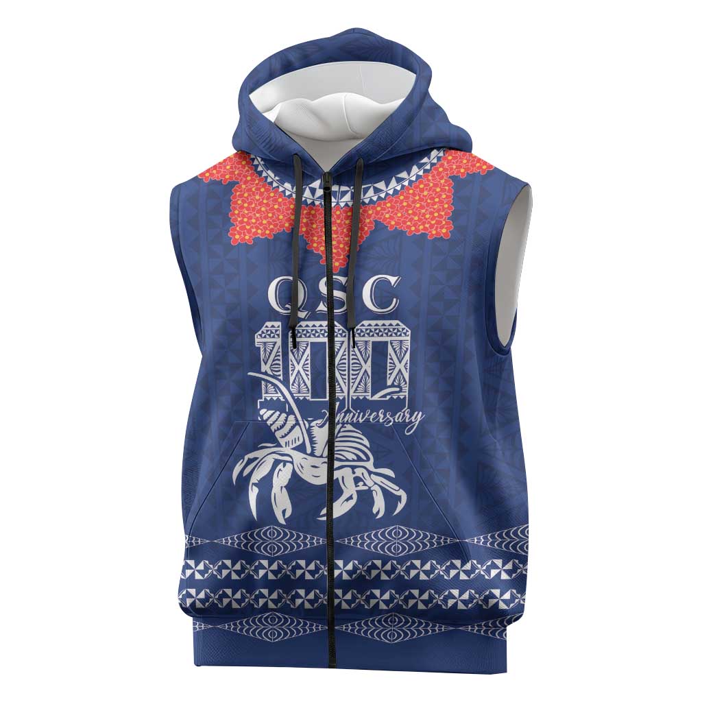 Queen Salote College 100 Years Anniversary Personalized Sleeveless Zip Hoodie Tonga QSC Royal Blue - Polynesian Pride