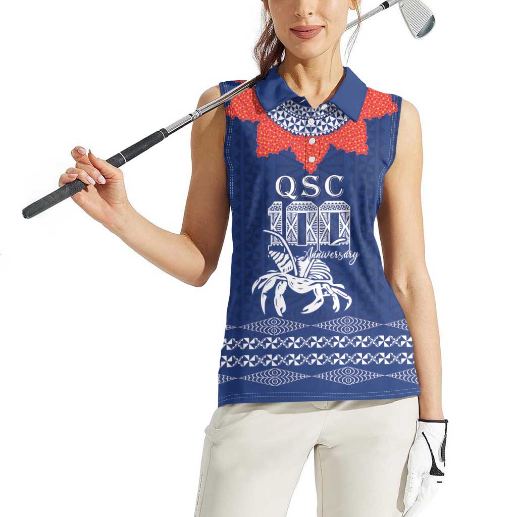Queen Salote College 100 Years Anniversary Personalized Women Sleeveless Polo Shirt Tonga QSC Royal Blue LT7 - Polynesian Pride