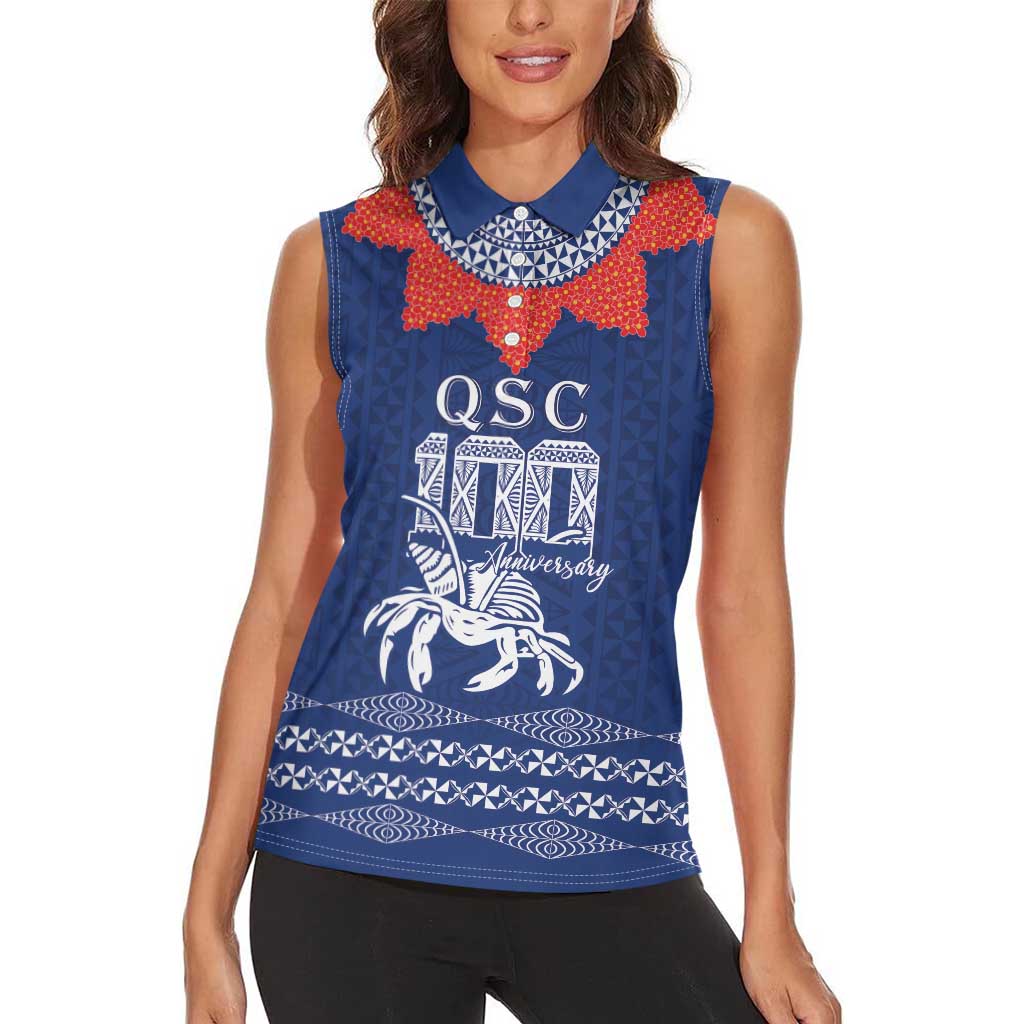 Queen Salote College 100 Years Anniversary Personalized Women Sleeveless Polo Shirt Tonga QSC Royal Blue LT7 - Polynesian Pride