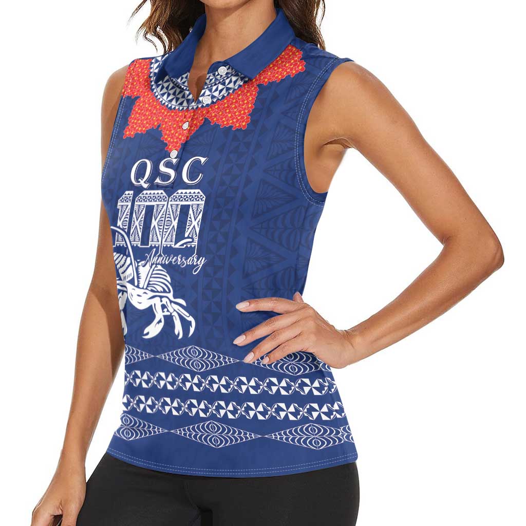 Queen Salote College 100 Years Anniversary Personalized Women Sleeveless Polo Shirt Tonga QSC Royal Blue LT7 - Polynesian Pride
