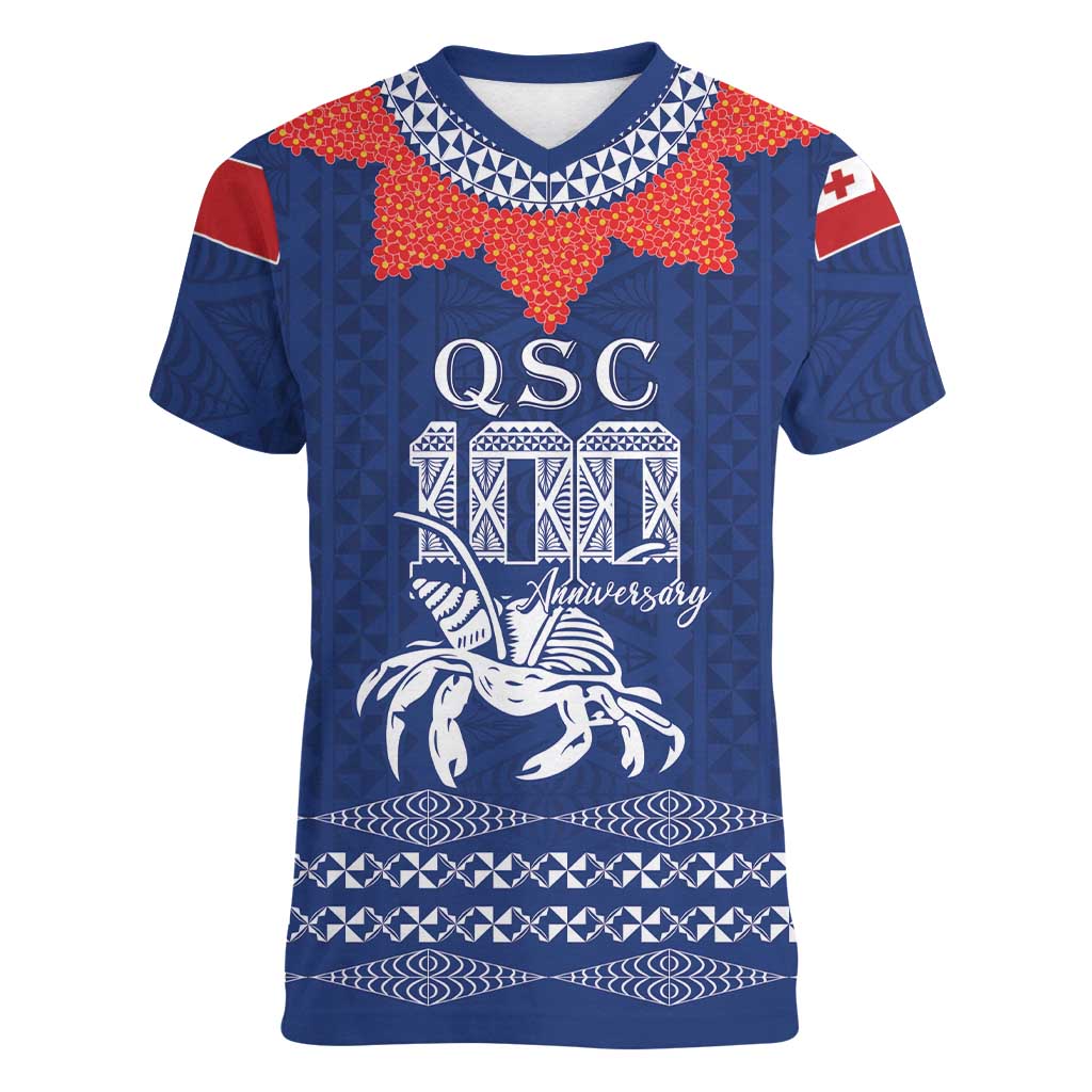 Queen Salote College 100 Years Anniversary Personalized Women V-Neck T-Shirt Tonga QSC Royal Blue LT7 Female Royal Blue - Polynesian Pride