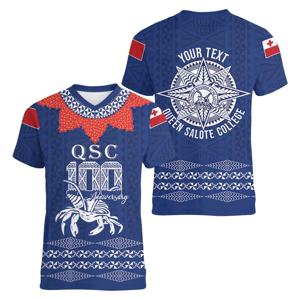 Queen Salote College 100 Years Anniversary Personalized Women V-Neck T-Shirt Tonga QSC Royal Blue LT7 - Polynesian Pride