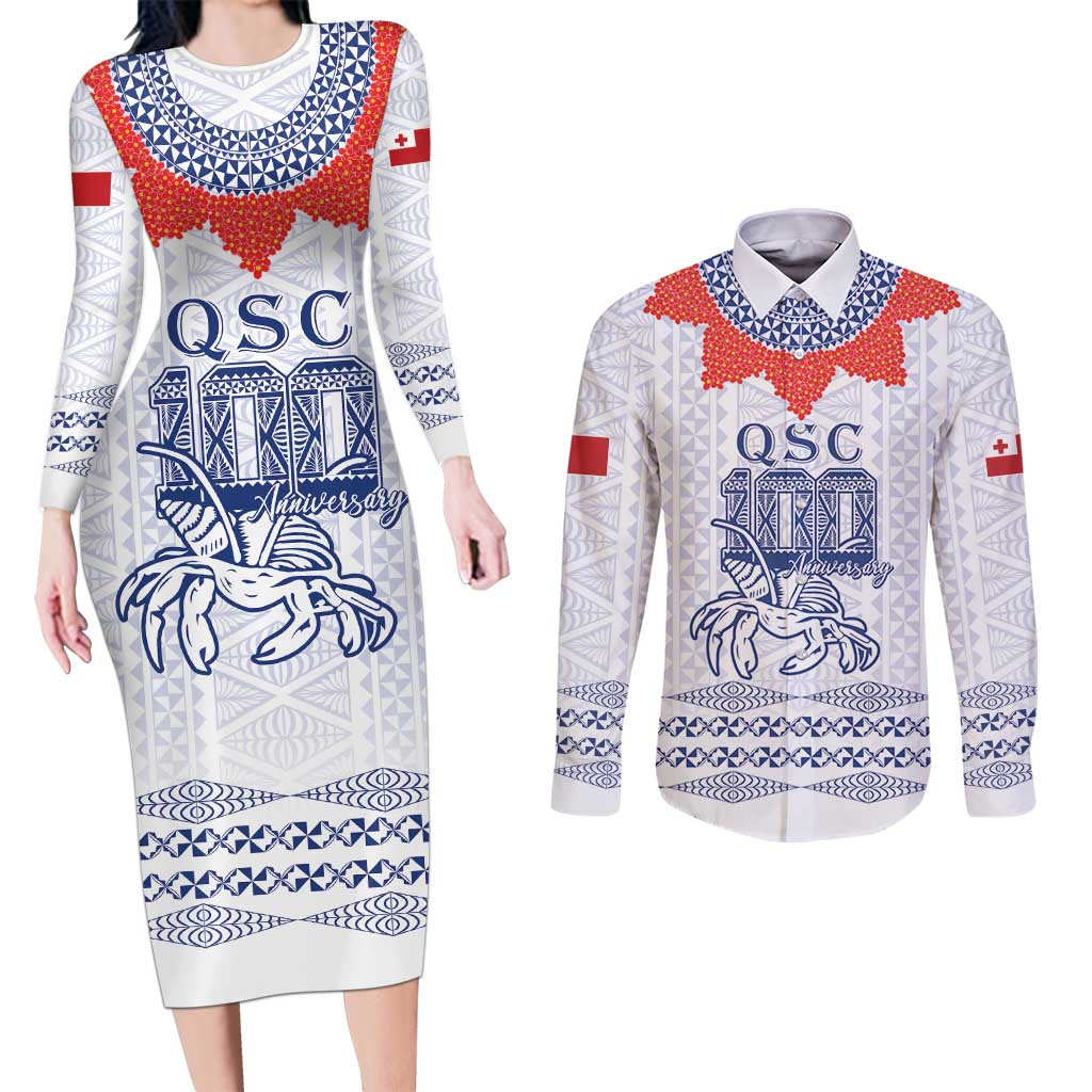 Queen Salote College 100 Years Anniversary Personalized Couples Matching Long Sleeve Bodycon Dress and Long Sleeve Button Shirt Tonga QSC White LT7 White - Polynesian Pride