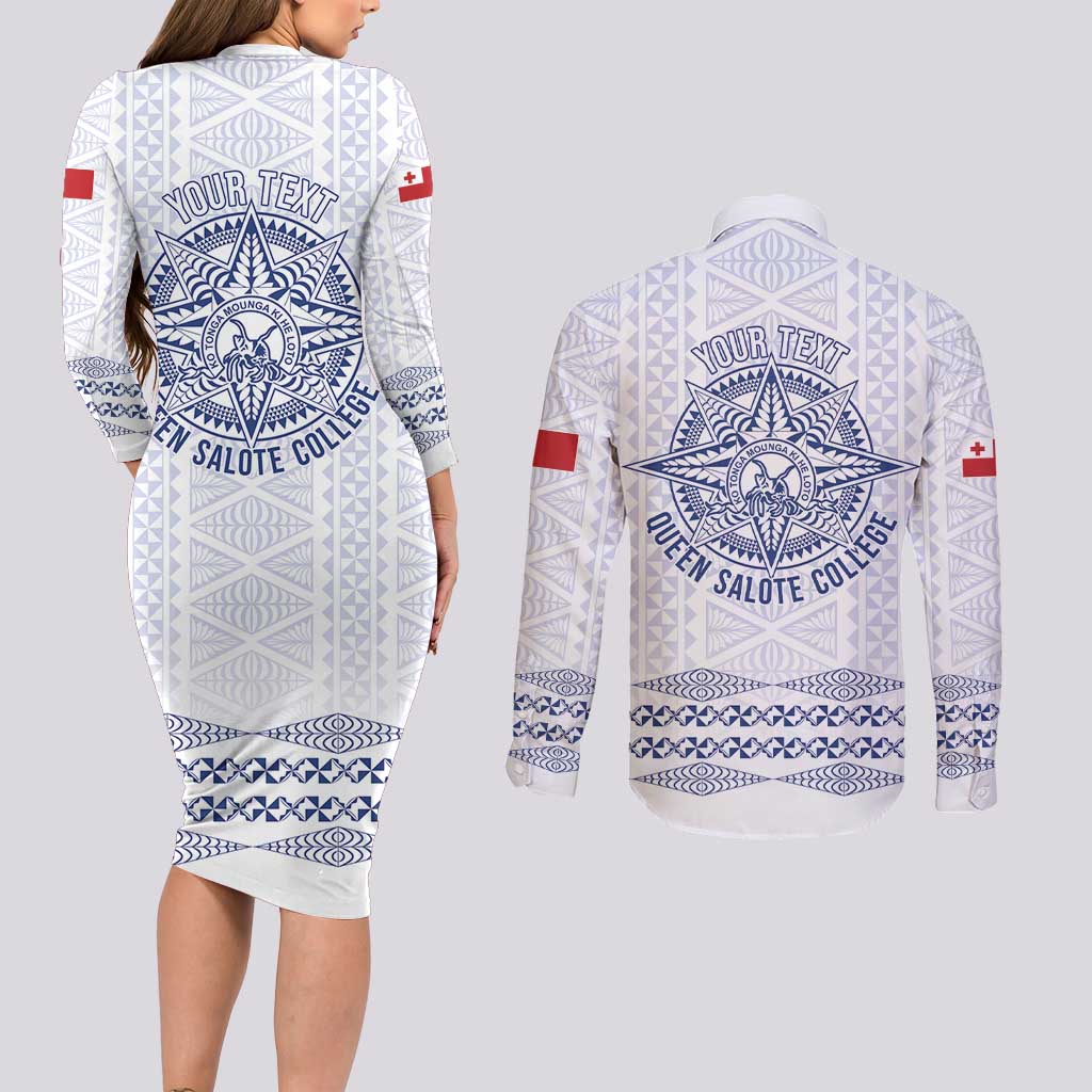 Queen Salote College 100 Years Anniversary Personalized Couples Matching Long Sleeve Bodycon Dress and Long Sleeve Button Shirt Tonga QSC White LT7 - Polynesian Pride