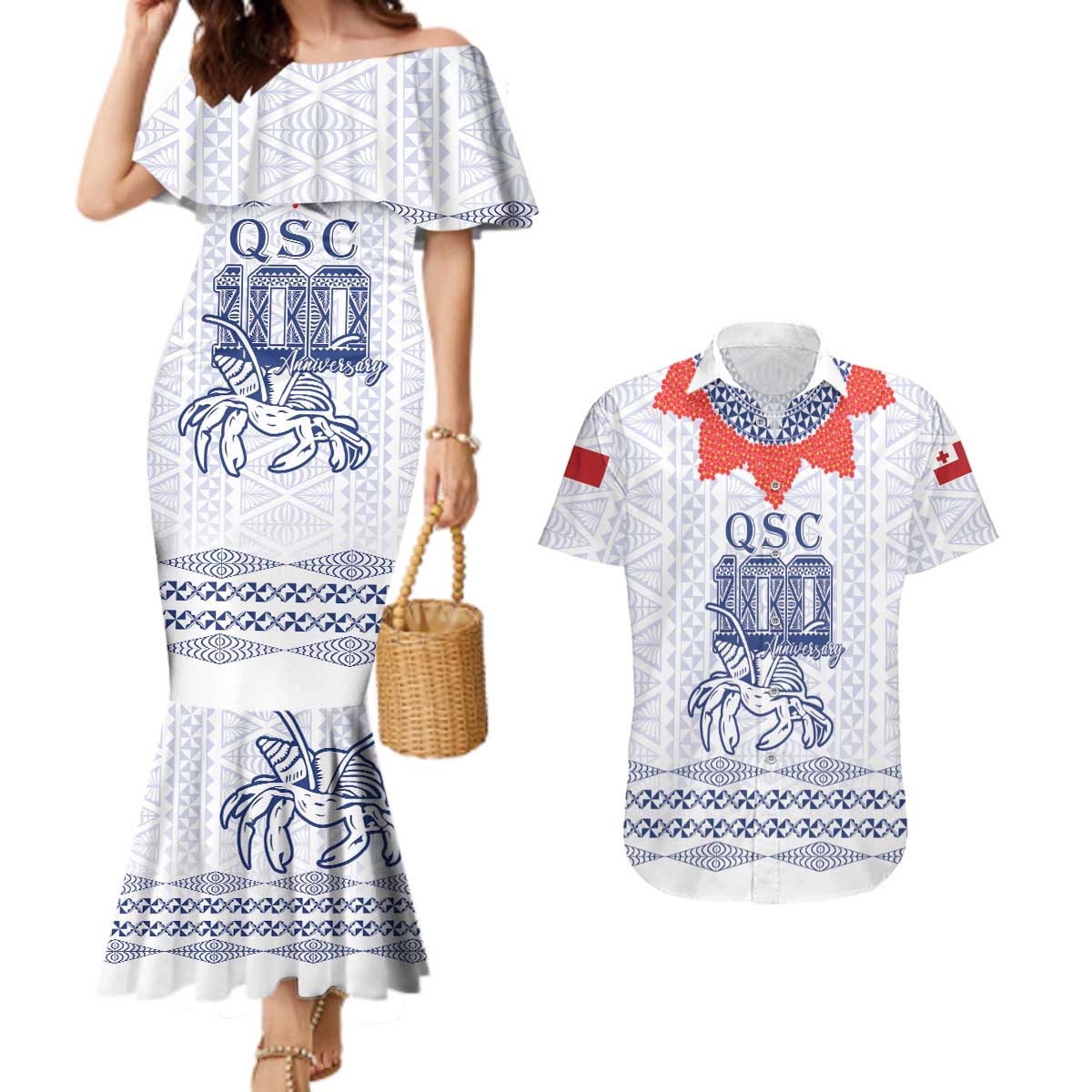 Queen Salote College 100 Years Anniversary Personalized Couples Matching Mermaid Dress and Hawaiian Shirt Tonga QSC White LT7 White - Polynesian Pride