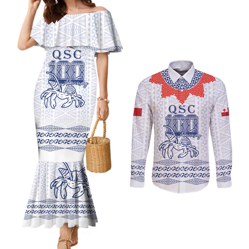Queen Salote College 100 Years Anniversary Personalized Couples Matching Mermaid Dress and Long Sleeve Button Shirt Tonga QSC White LT7 White - Polynesian Pride