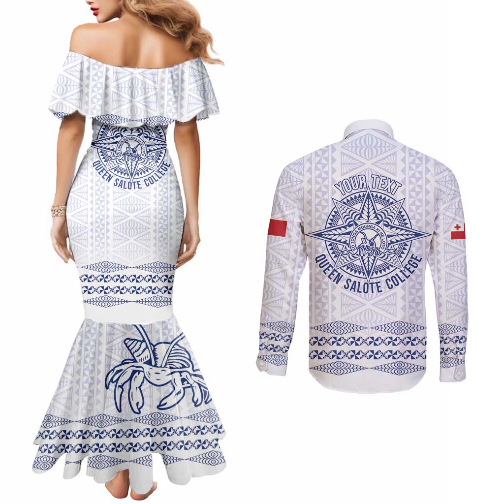 Queen Salote College 100 Years Anniversary Personalized Couples Matching Mermaid Dress and Long Sleeve Button Shirt Tonga QSC White LT7 - Polynesian Pride