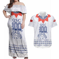 Queen Salote College 100 Years Anniversary Personalized Couples Matching Off Shoulder Maxi Dress and Hawaiian Shirt Tonga QSC White LT7 White - Polynesian Pride