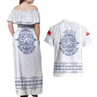 Queen Salote College 100 Years Anniversary Personalized Couples Matching Off Shoulder Maxi Dress and Hawaiian Shirt Tonga QSC White LT7 - Polynesian Pride