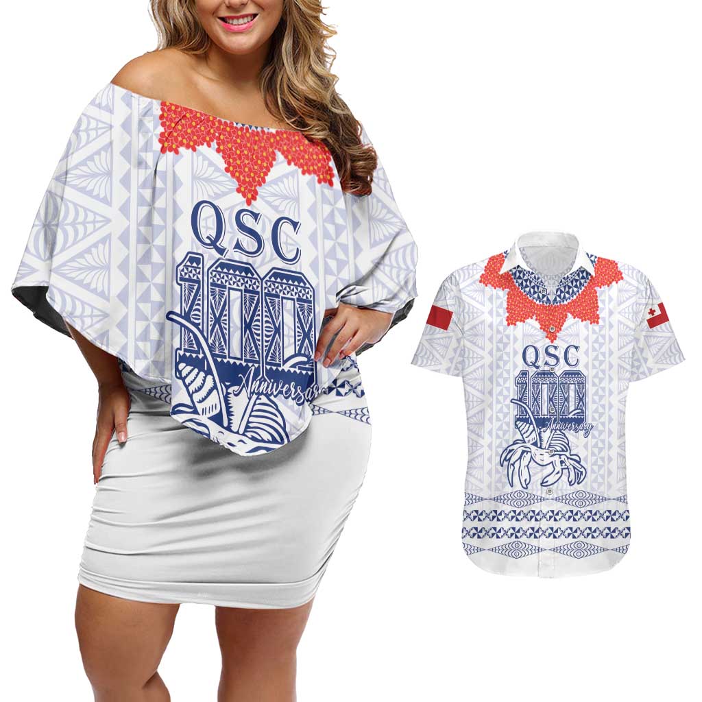Queen Salote College 100 Years Anniversary Personalized Couples Matching Off Shoulder Short Dress and Hawaiian Shirt Tonga QSC White LT7 White - Polynesian Pride