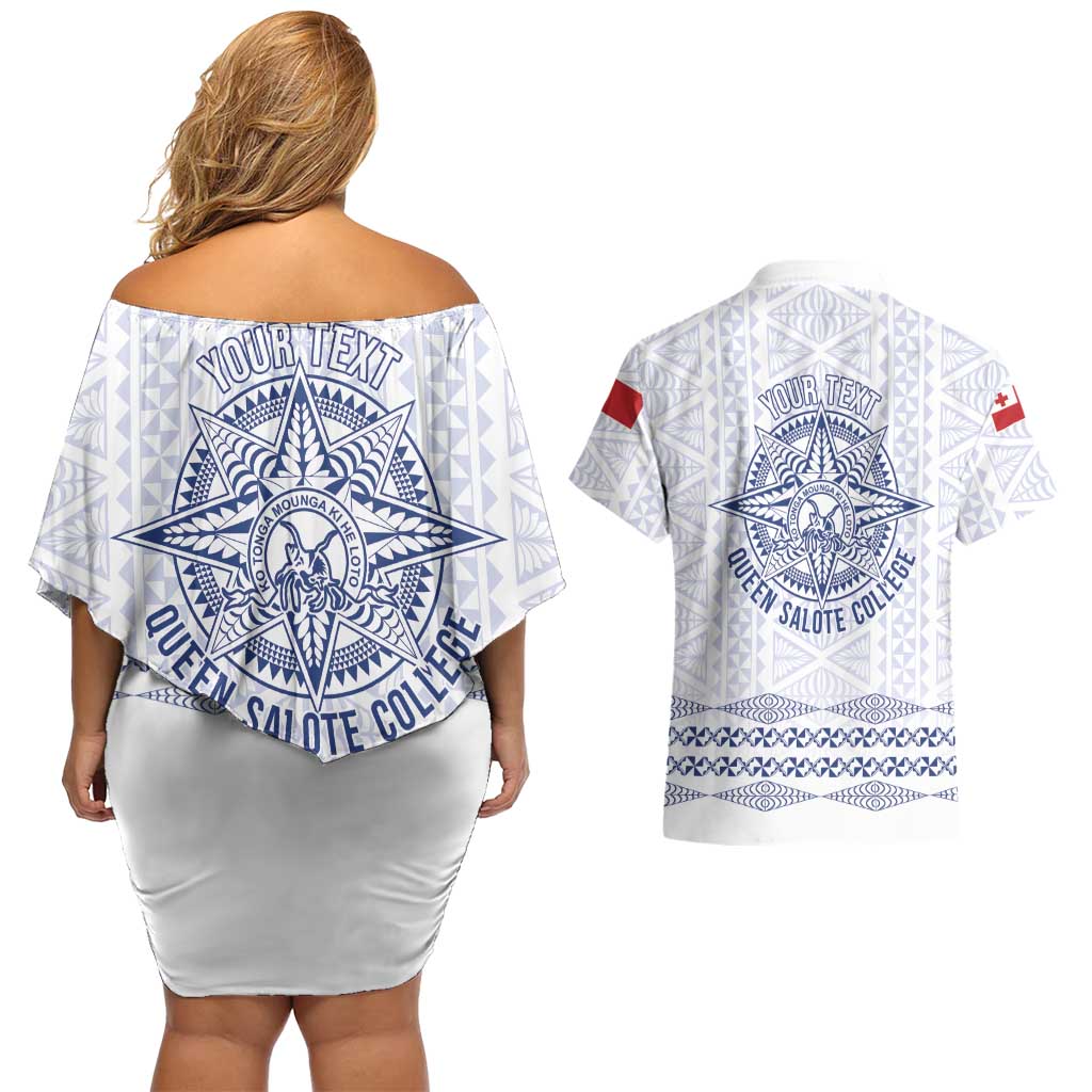Queen Salote College 100 Years Anniversary Personalized Couples Matching Off Shoulder Short Dress and Hawaiian Shirt Tonga QSC White LT7 - Polynesian Pride