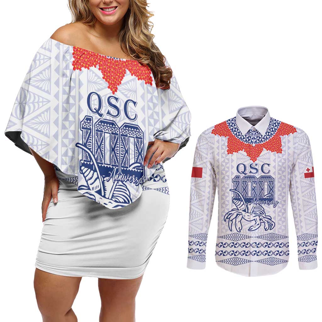 Queen Salote College 100 Years Anniversary Personalized Couples Matching Off Shoulder Short Dress and Long Sleeve Button Shirt Tonga QSC White LT7 White - Polynesian Pride