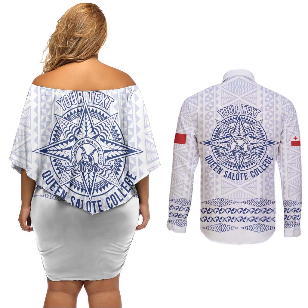 Queen Salote College 100 Years Anniversary Personalized Couples Matching Off Shoulder Short Dress and Long Sleeve Button Shirt Tonga QSC White LT7 - Polynesian Pride