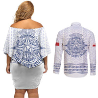 Queen Salote College 100 Years Anniversary Personalized Couples Matching Off Shoulder Short Dress and Long Sleeve Button Shirt Tonga QSC White LT7 - Polynesian Pride