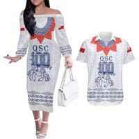 Queen Salote College 100 Years Anniversary Personalized Couples Matching Off The Shoulder Long Sleeve Dress and Hawaiian Shirt Tonga QSC White LT7 White - Polynesian Pride