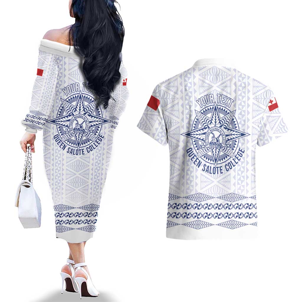Queen Salote College 100 Years Anniversary Personalized Couples Matching Off The Shoulder Long Sleeve Dress and Hawaiian Shirt Tonga QSC White LT7 - Polynesian Pride